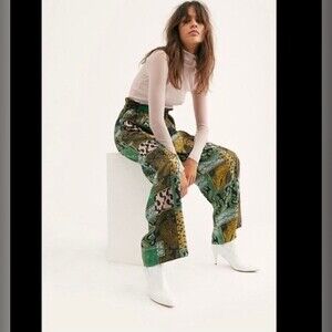 Intimately Free People Patch Things Up Pant Satin Green Bandana Paisley Print
